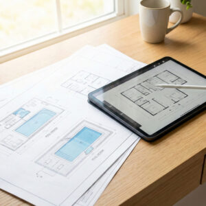 Detailed architectural blueprints for a custom pool layout rest on a bright, professional workspace.