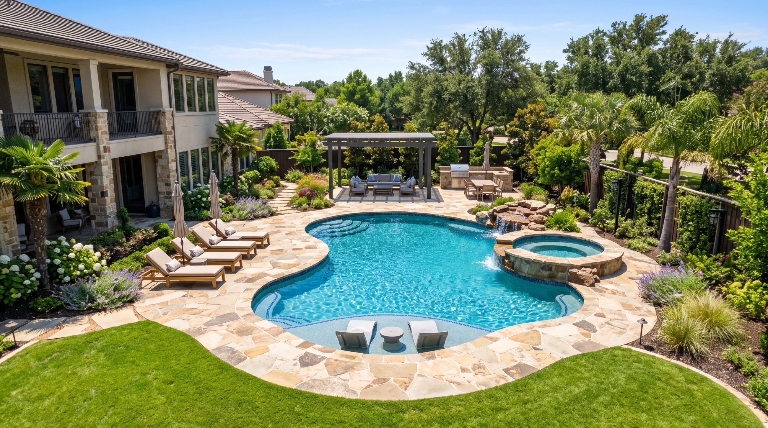 hero A completed luxury custom inground pool with stone decking and landscaping.