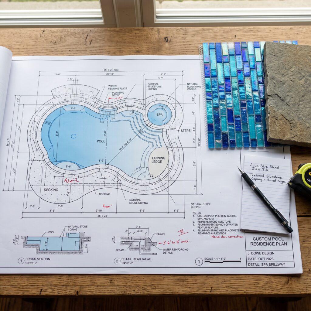 Blueprint designs and material samples for a custom inground pool project.
