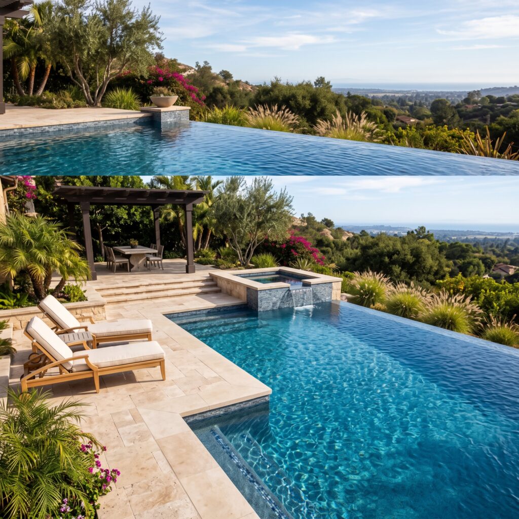 A finished custom inground pool showing premium plaster and tile details.