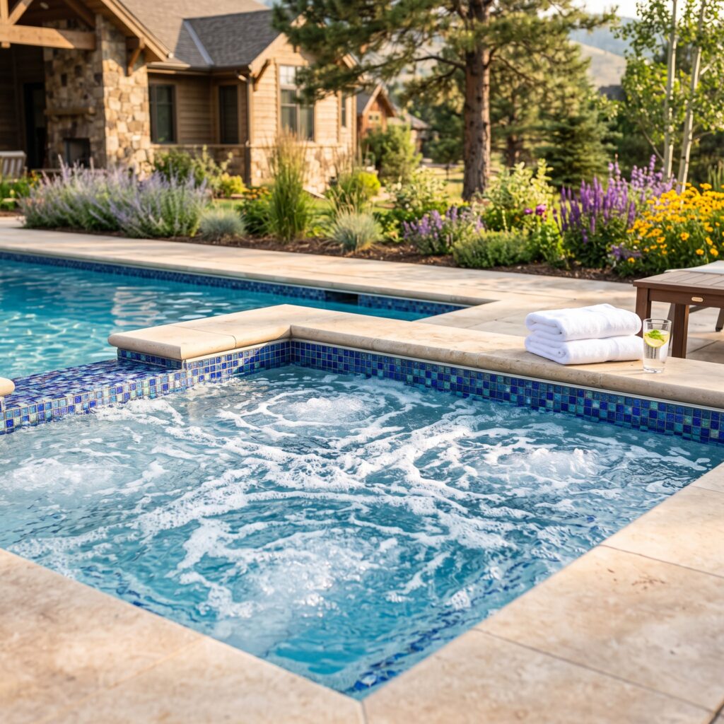 A close-up of a finished built-in spa attached to a custom swimming pool.